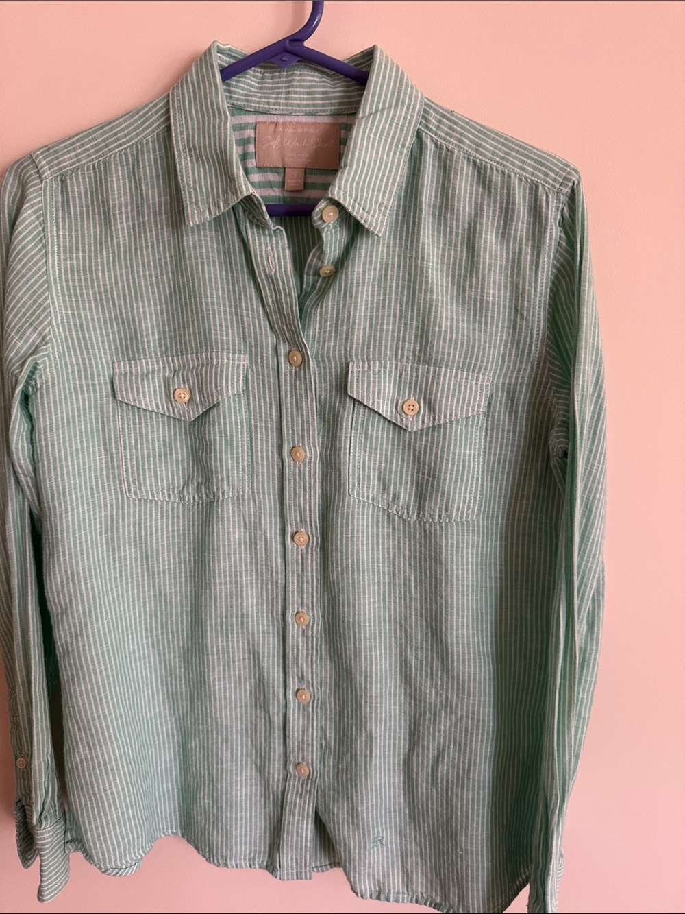 Banana Republic Linen/cotton Mint Green Striped Button-Down Shirt